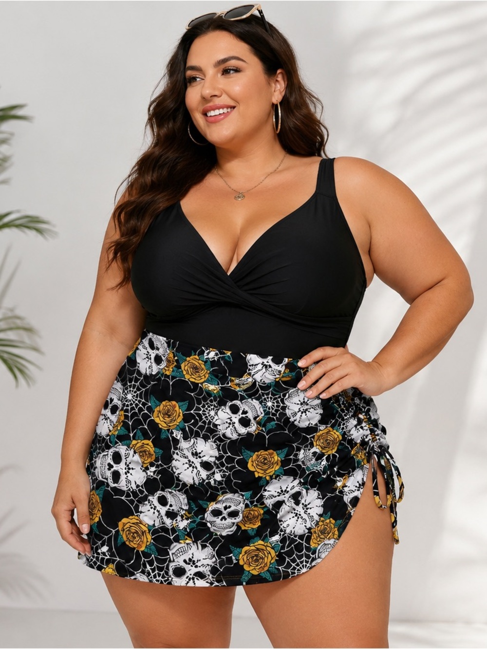 ROSEGAL 4X Skull Rose Spider Web Swim Skirt Cover Up Plus Size Gothic Black